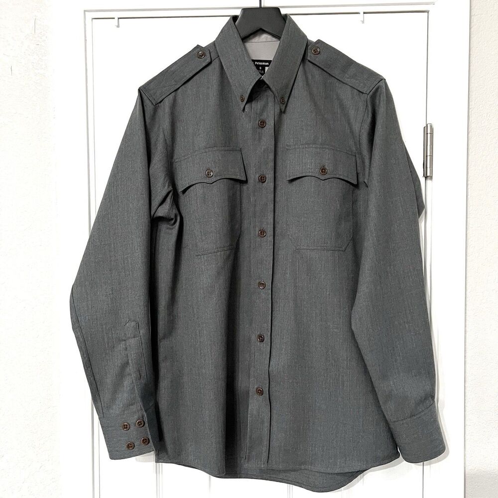 J Peterman Wool Epaulettes  Military Button Shirt Size Small Grey